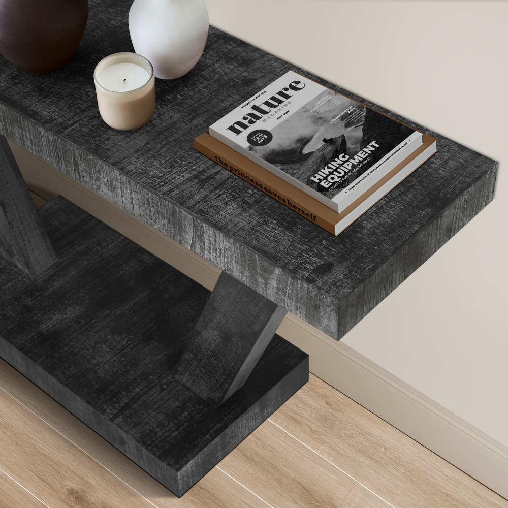 60" Rustic Farmhouse Console Table with Open Storage Shelf - Antique Black Distressed Wood Sofa Table for Entryway & Living Room