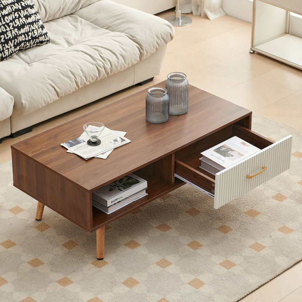 Mid-Century Modern Coffee Table with Sliding Drawer & Open Shelf Storage, Walnut Finish Rectangle Living Room Center Table with Solid Wood Legs