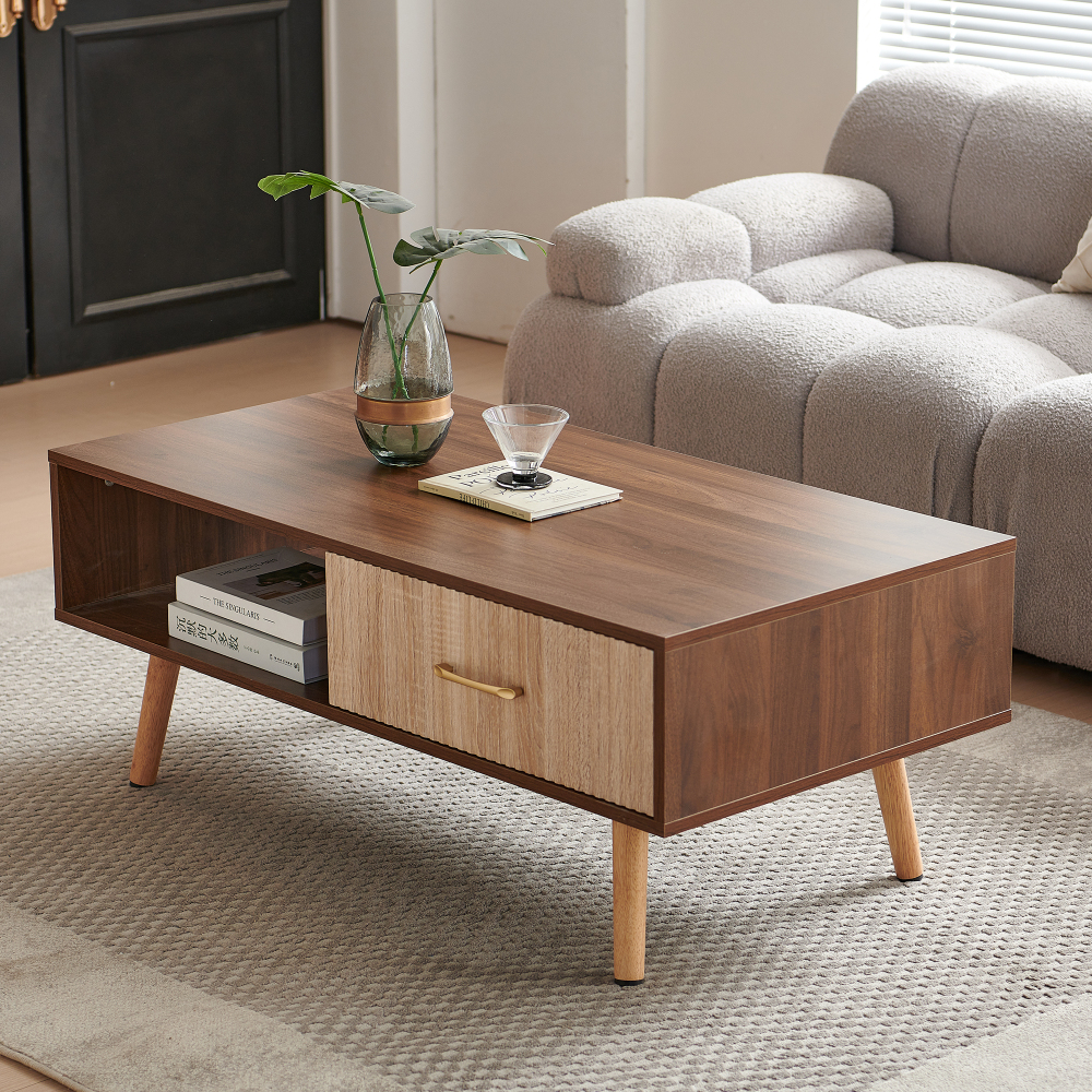 Mid-Century Modern Coffee Table with Sliding Storage Drawer, Walnut Finish Rectangular Living Room Accent Table with Solid Wood Legs