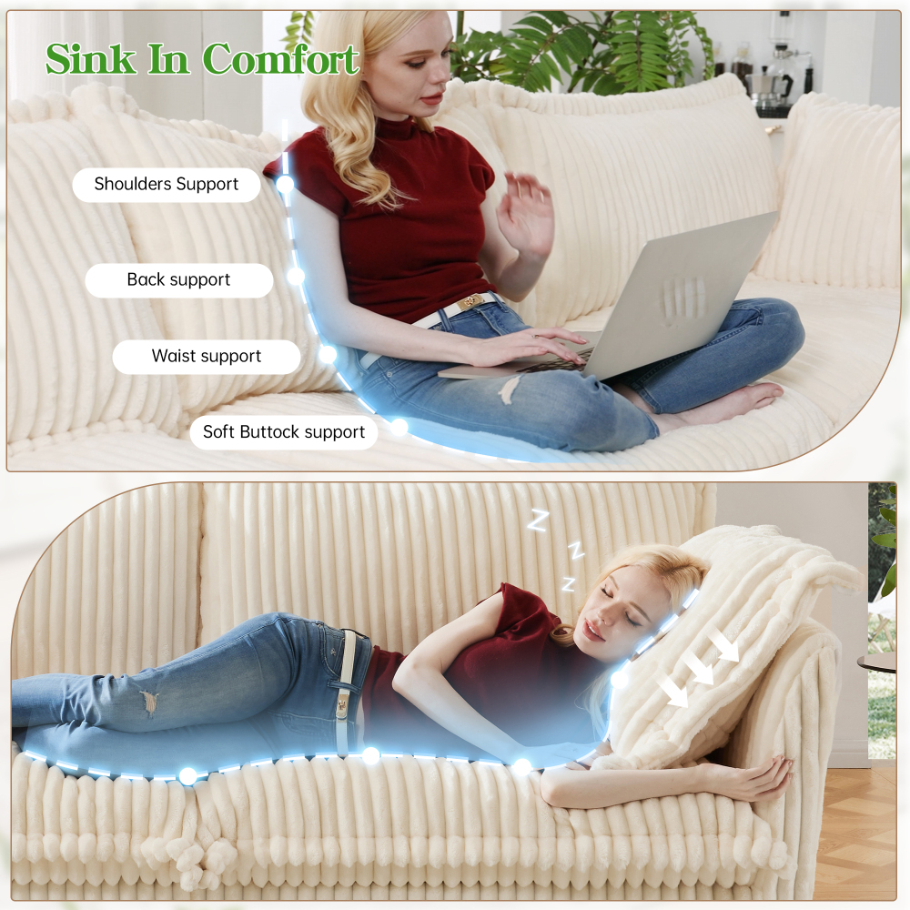 Oversized Corduroy Modular Sofa with 3 Ottomans, Cream Slipcovered 3-Seater Cloud Couch for Living Room