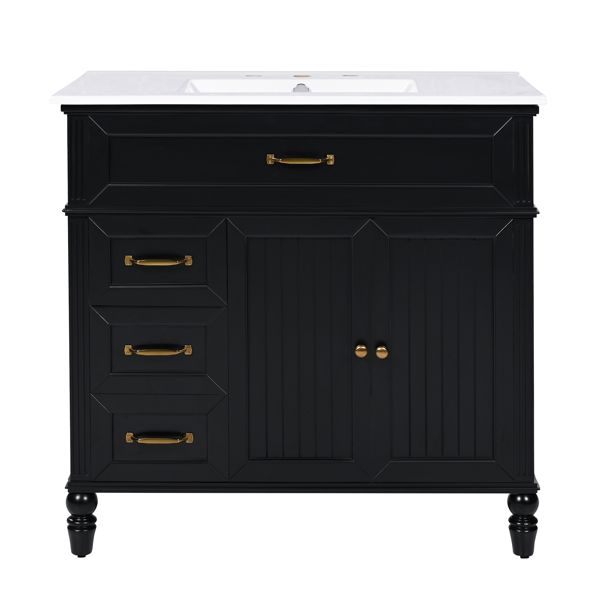 36" Black Bathroom Vanity with Ceramic Sink Top, Vintage Freestanding Cabinet with Soft-Close Drawers & Storage