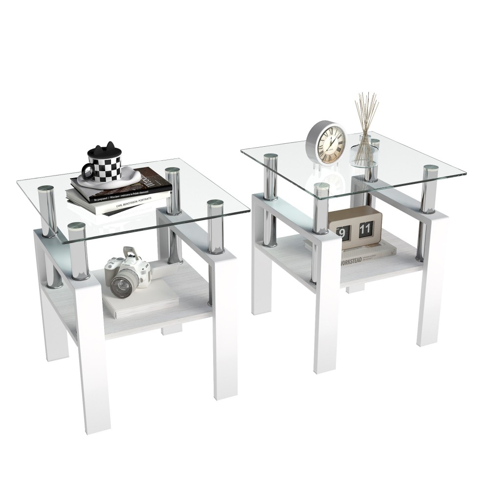 Set of 2 Modern Tempered Glass End Tables - White Square Coffee Table with MDF Shelf for Living Room