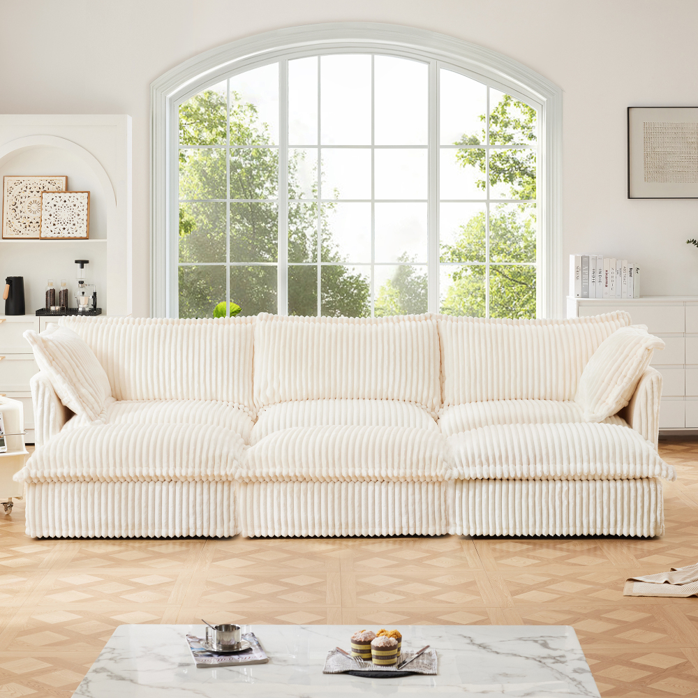 Oversized Corduroy Modular Sofa with 3 Ottomans, Cream Slipcovered 3-Seater Cloud Couch for Living Room