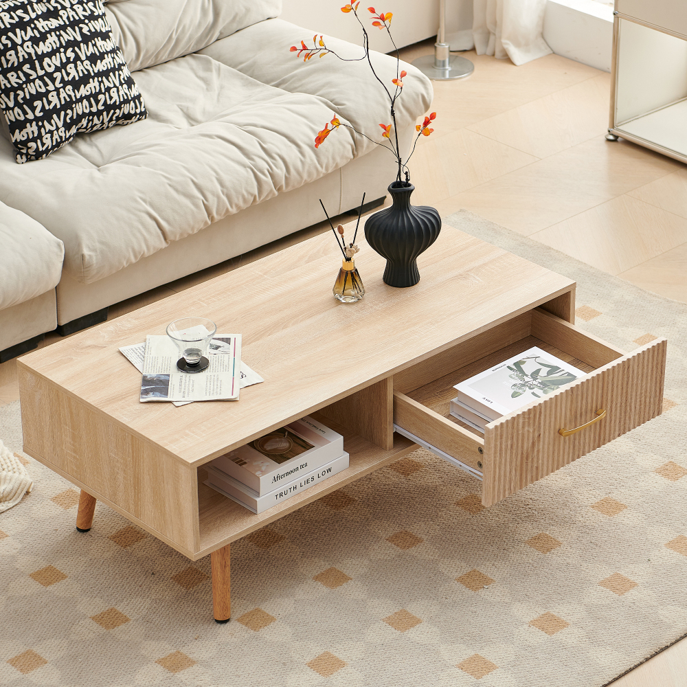 Modern Natural Wood Coffee Table with Sliding Storage Drawer & Solid Wood Legs for Living Room