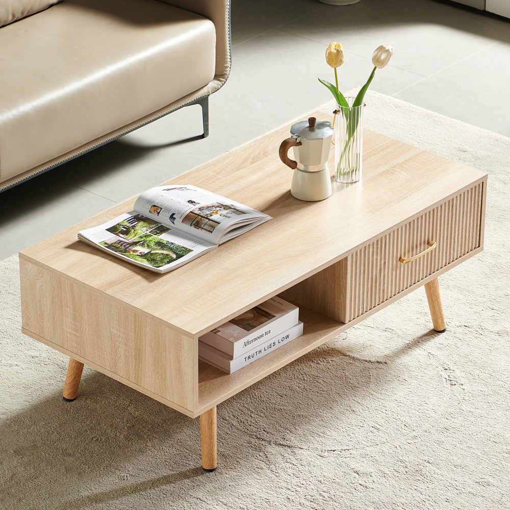 Modern Natural Wood Coffee Table with Sliding Storage Drawer & Solid Wood Legs for Living Room