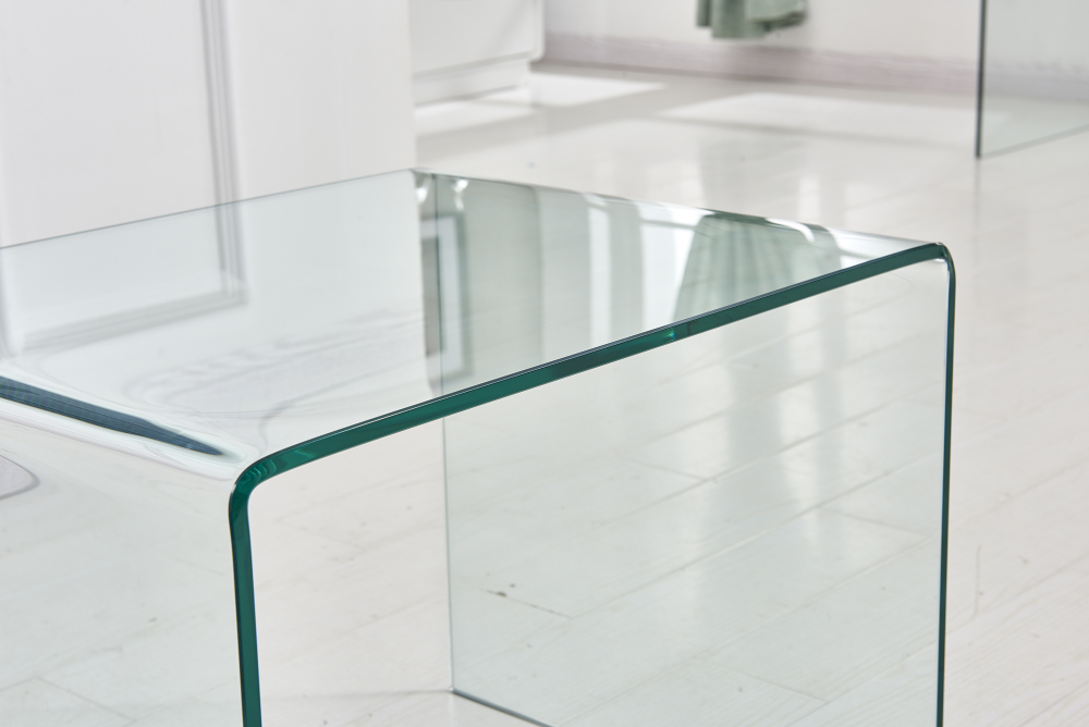 Modern Tempered Glass Bent End Table - Clear C-Shaped Side Table for Living Room & Sofa