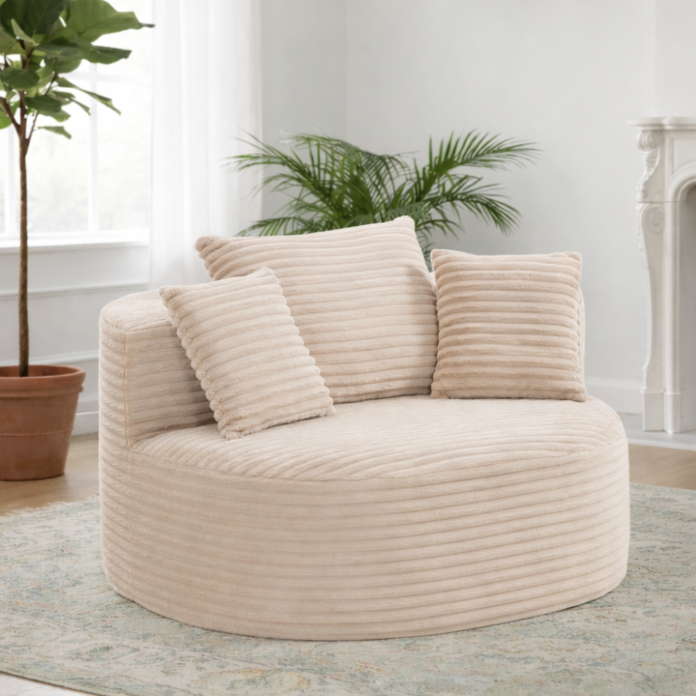 Modern Ribbed Corduroy Lounge Chair - Beige Compressed Round Sofa with Lumbar Pillows for Living Room & Bedroom