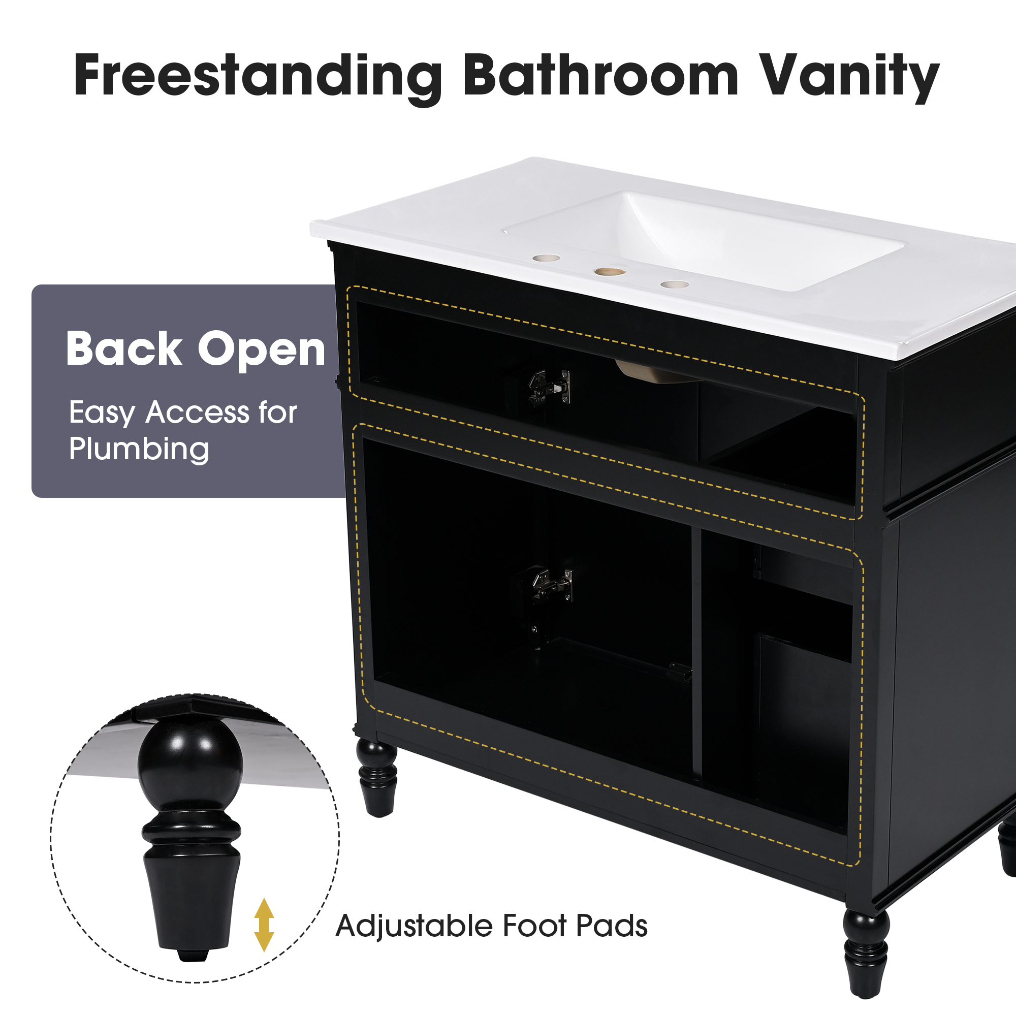 36" Black Bathroom Vanity with Ceramic Sink Top, Vintage Freestanding Cabinet with Soft-Close Drawers & Storage