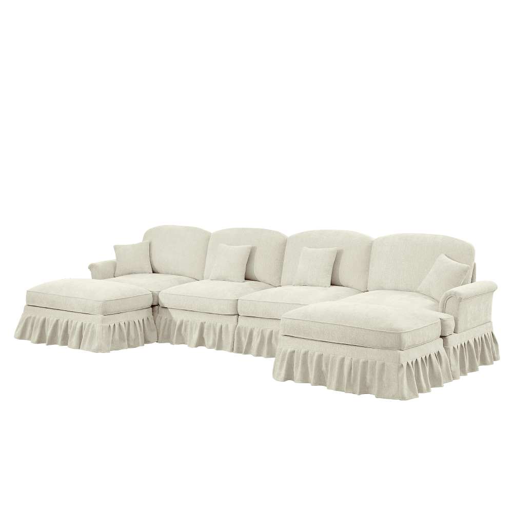 Classic U-Shaped Modular Sectional Sofa with Removable Ruffle Skirt, Deep Seat Chenille Cloud Couch & Movable Ottomans