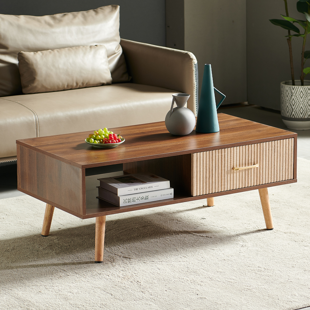 Mid-Century Modern Coffee Table with Sliding Storage Drawer, Walnut Finish Rectangular Living Room Accent Table with Solid Wood Legs