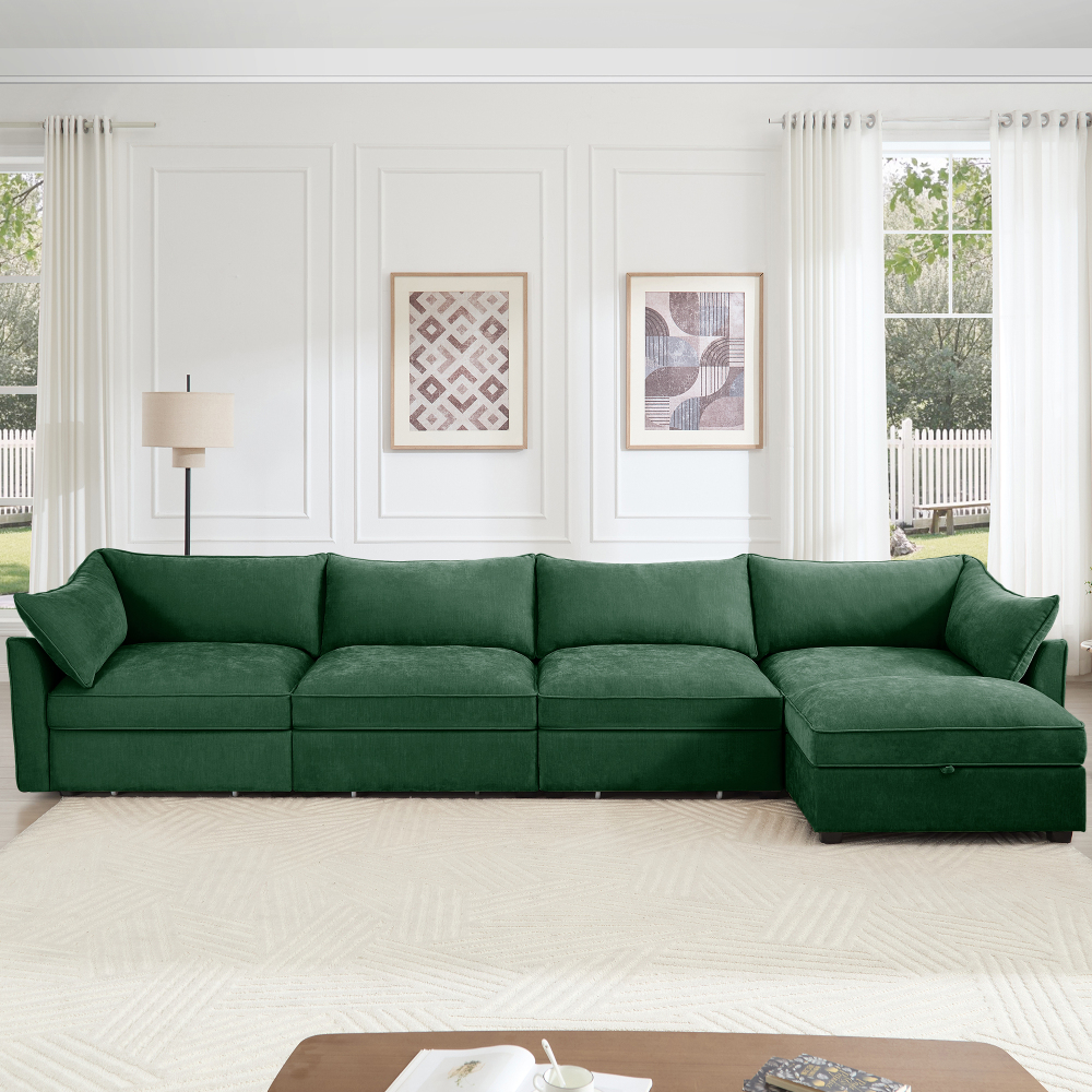 Green Chenille L-Shaped Sectional Sofa, 4-Seat Modular Couch with Movable Ottoman, Crescent Armrests & Wraparound Back Cushions for Living Room
