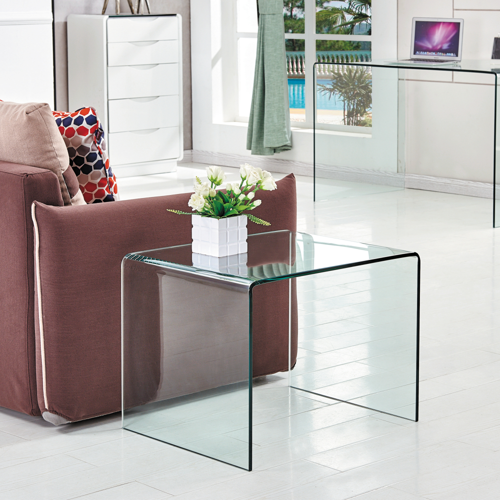 Modern Tempered Glass Bent End Table - Clear C-Shaped Side Table for Living Room & Sofa