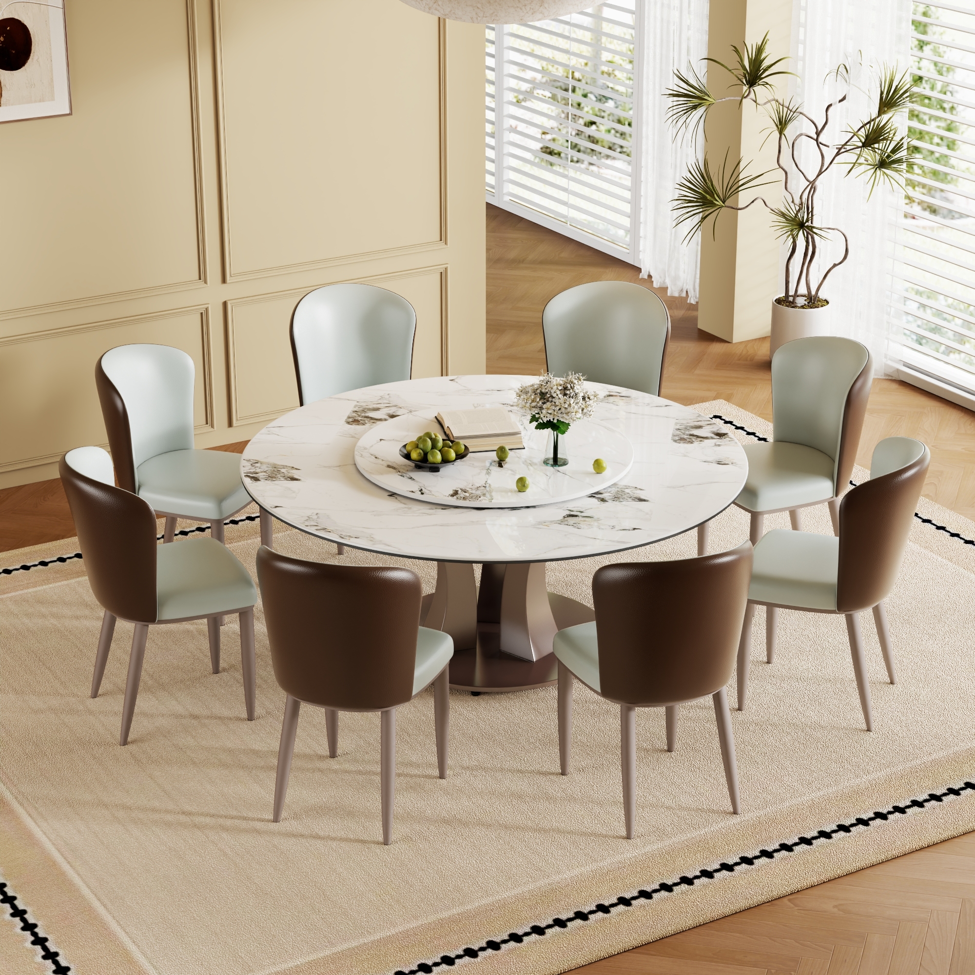 59" Round Dining Table Set with Rotating Lazy Susan - Modern Sintered Stone Top & Industrial Base for 8-10 People