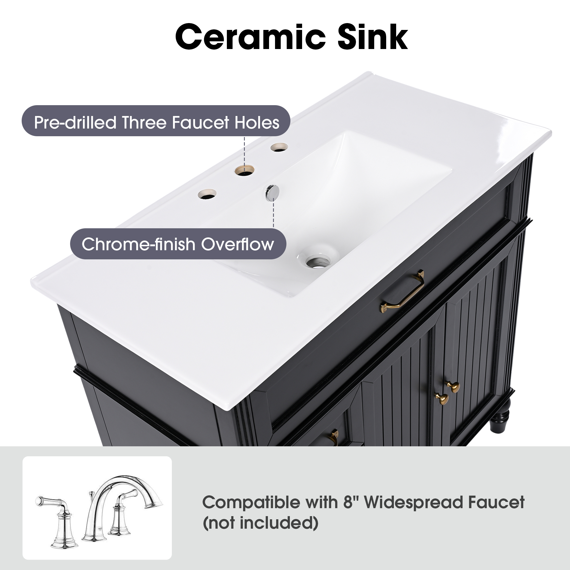 36" Black Bathroom Vanity with Ceramic Sink Top, Vintage Freestanding Cabinet with Soft-Close Drawers & Storage