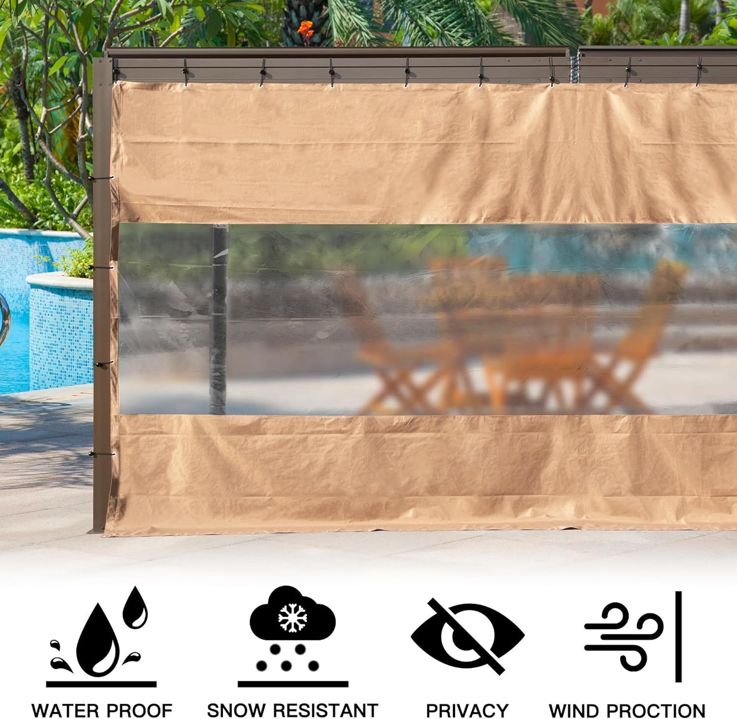 18oz Heavy Duty Clear Panel Outdoor Curtain - Waterproof & Tearproof PVC Vinyl Privacy Screen for Patio, Pergola, Gazebo, and Porch Enclosure (Gray)