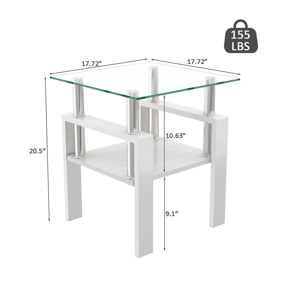Set of 2 Modern Tempered Glass End Tables - White Square Coffee Table with MDF Shelf for Living Room