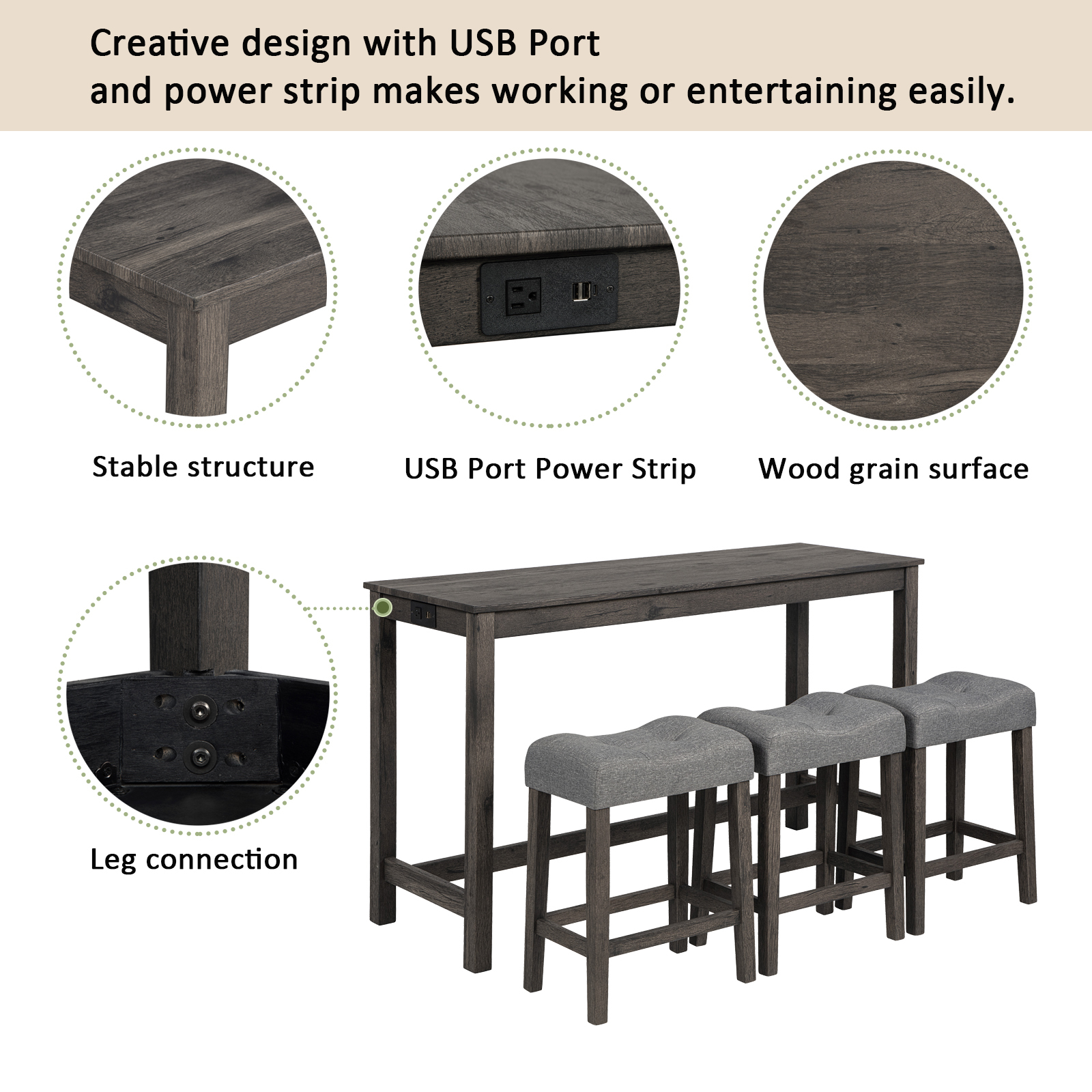 Dark Gray 4-Piece Sofa Bar Table Set with Power Outlet & USB Ports - Behind Couch Console Table with 3 Upholstered Stools for Living Room