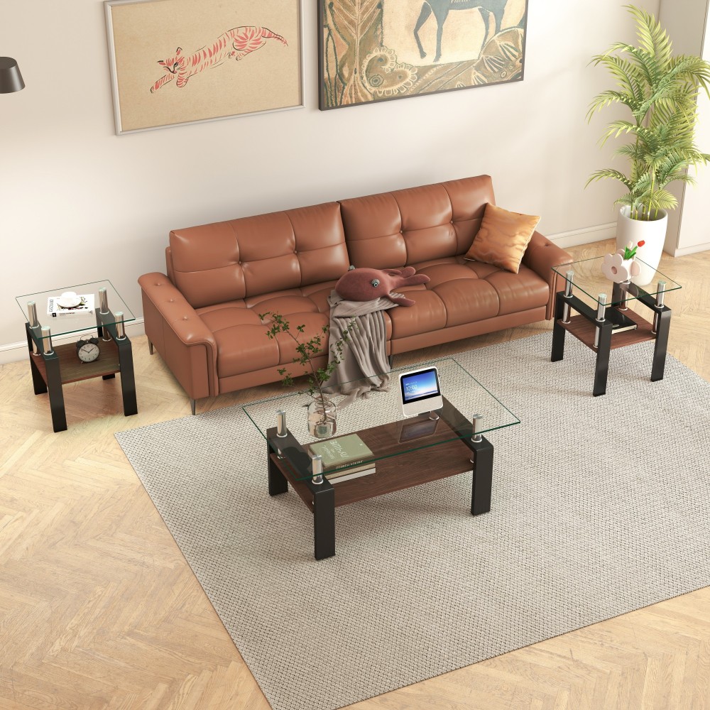 Set of 2 Modern Tempered Glass End Tables with Storage Shelf - Square Coffee Side Tables for Living Room