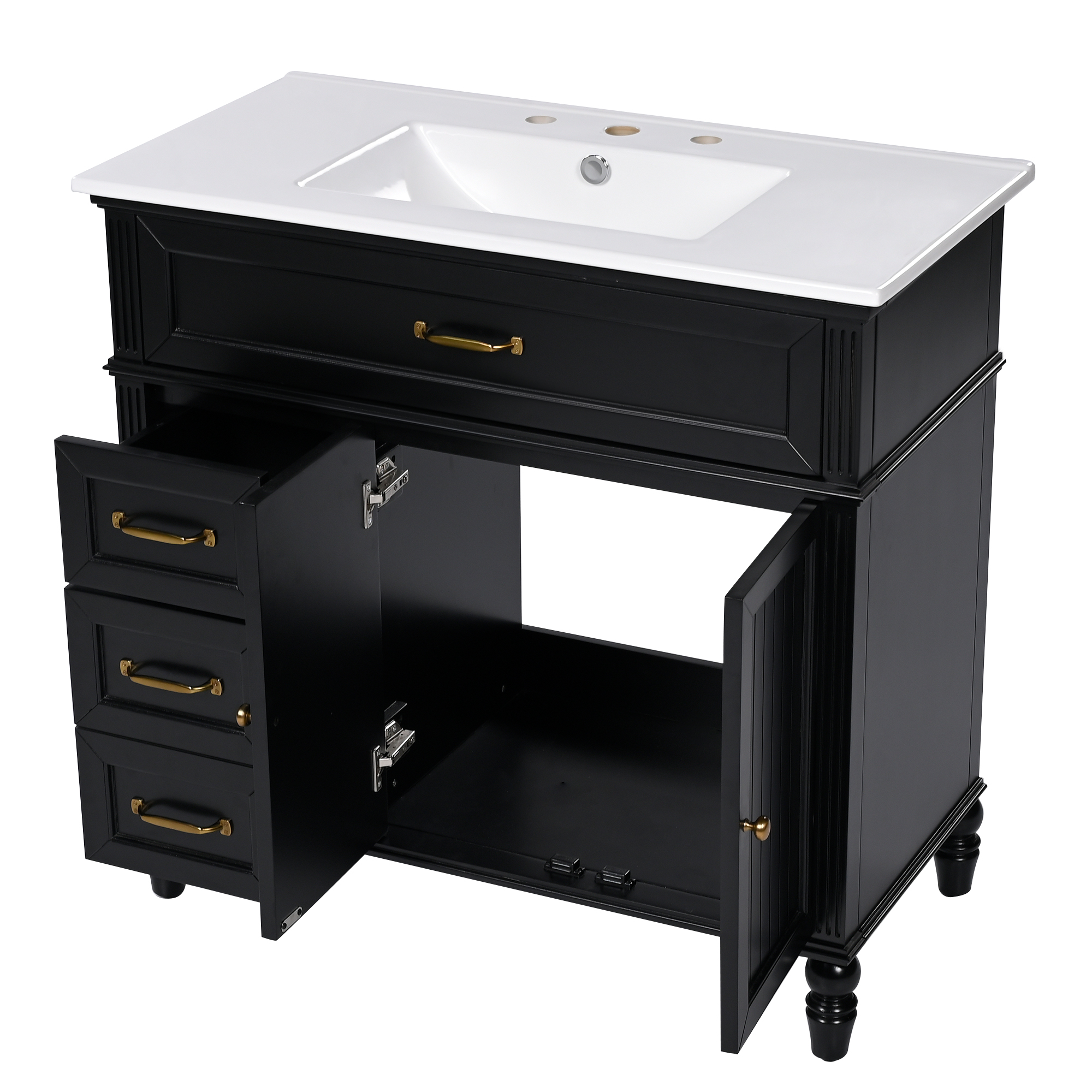 36" Black Bathroom Vanity with Ceramic Sink Top, Vintage Freestanding Cabinet with Soft-Close Drawers & Storage