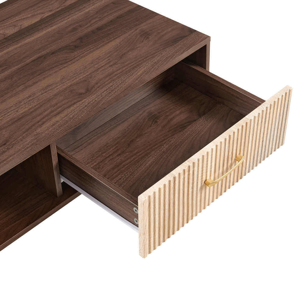 Mid-Century Modern Coffee Table with Sliding Storage Drawer, Walnut Finish Rectangular Living Room Accent Table with Solid Wood Legs