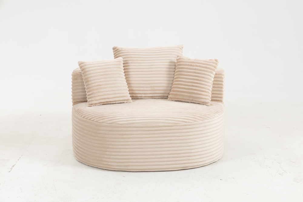 Modern Ribbed Corduroy Lounge Chair - Beige Compressed Round Sofa with Lumbar Pillows for Living Room & Bedroom