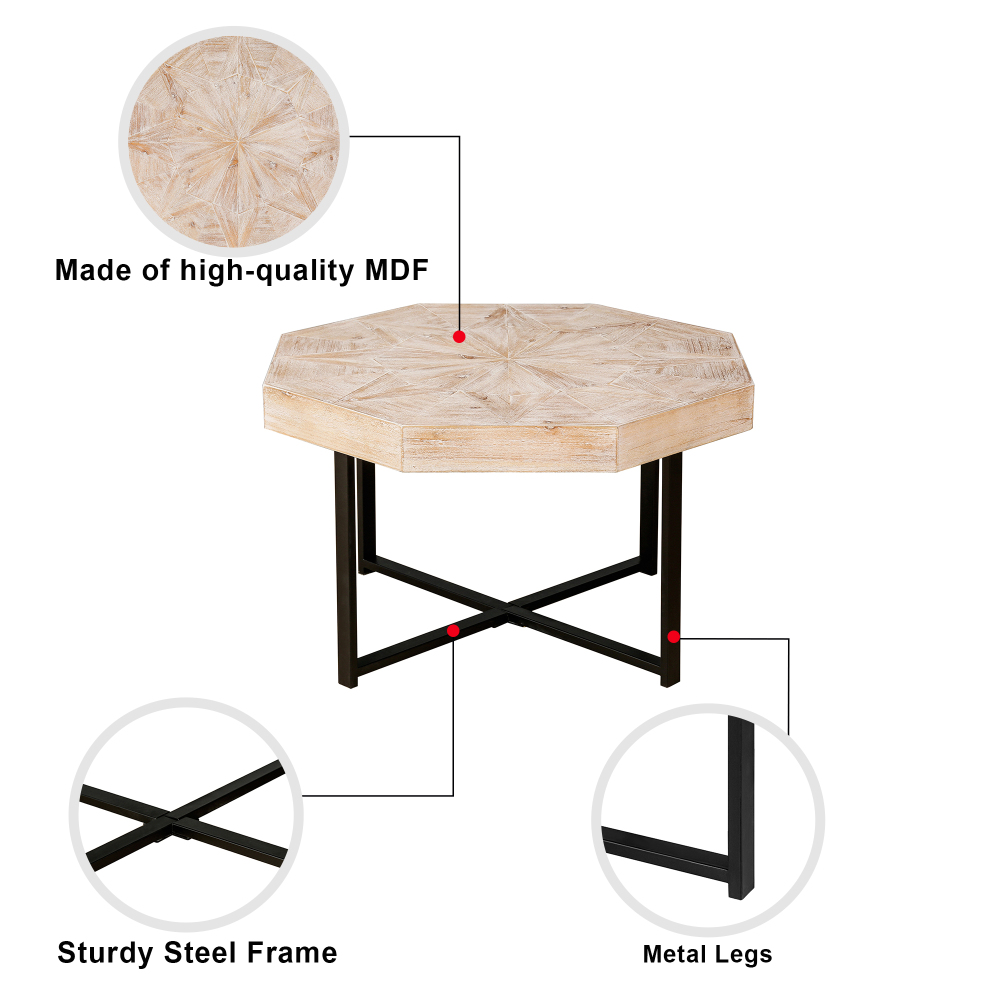 Vintage Octagonal Coffee Table with Patchwork Wood Top & Cross Metal Legs - Rustic Farmhouse Accent Table for Living Room