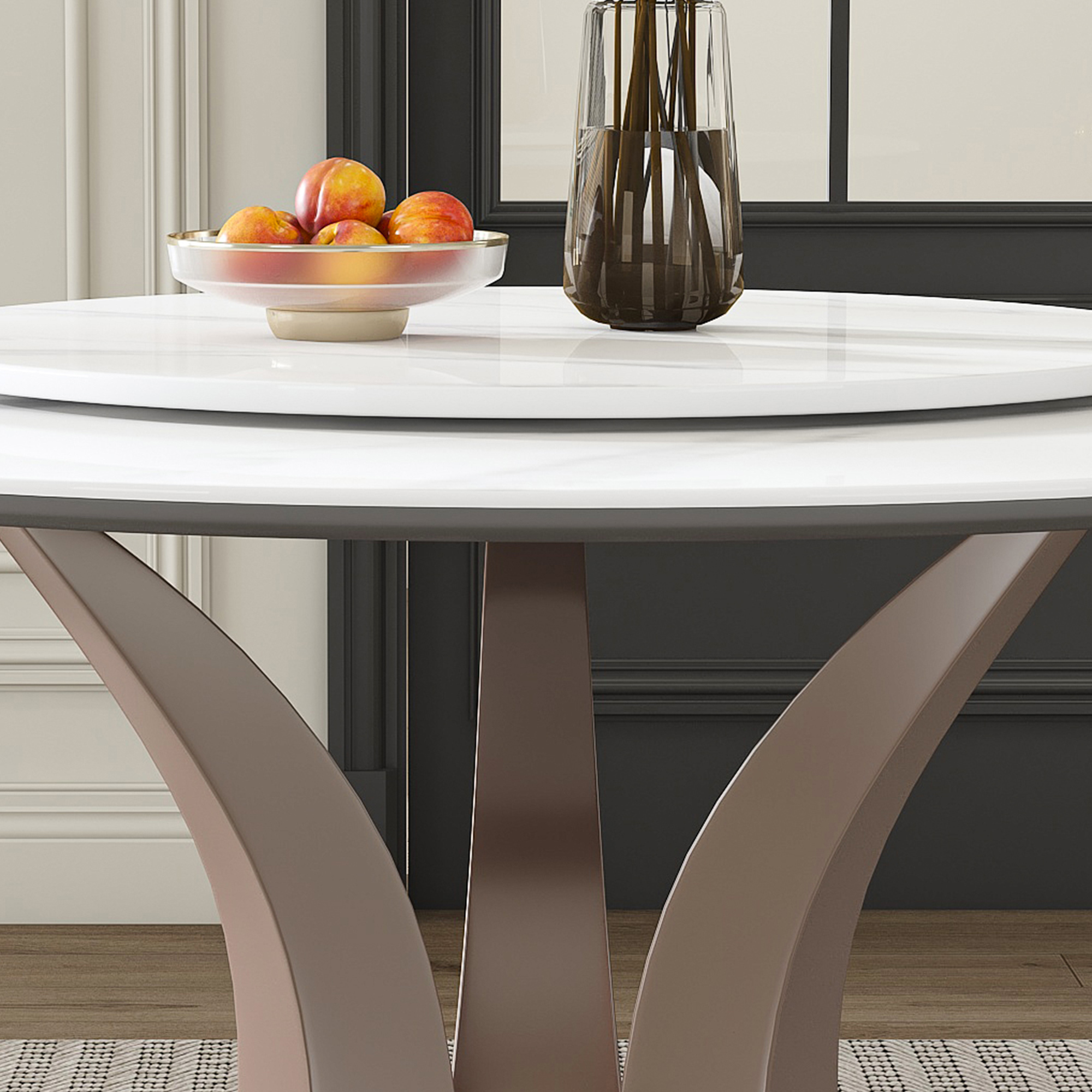53" Round Sintered Stone Dining Table Set with Rotating Lazy Susan & 8 Modern Chairs - Luxury White Marble Kitchen Furniture