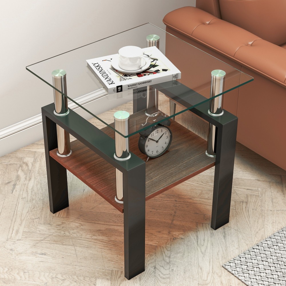 Set of 2 Modern Tempered Glass End Tables with Storage Shelf - Square Coffee Side Tables for Living Room