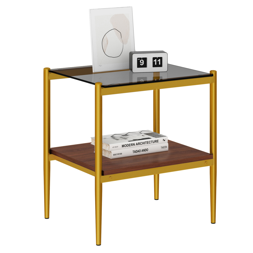 Set of 2 Modern Gold End Tables with Tempered Glass Top and Storage Shelf, Rectangle Side Tables for Living Room