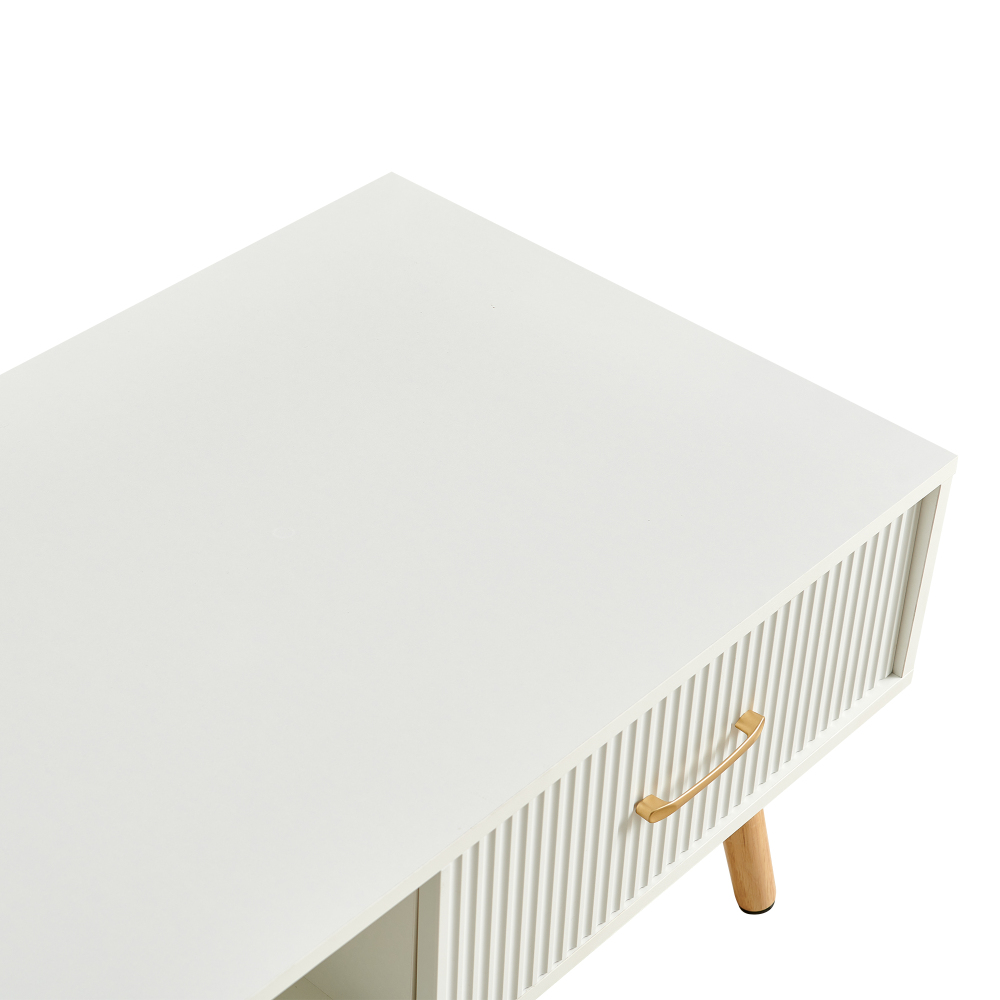 Modern White Rectangle Coffee Table with Solid Wood Legs, Sliding Drawer Storage & Open Shelf for Living Room