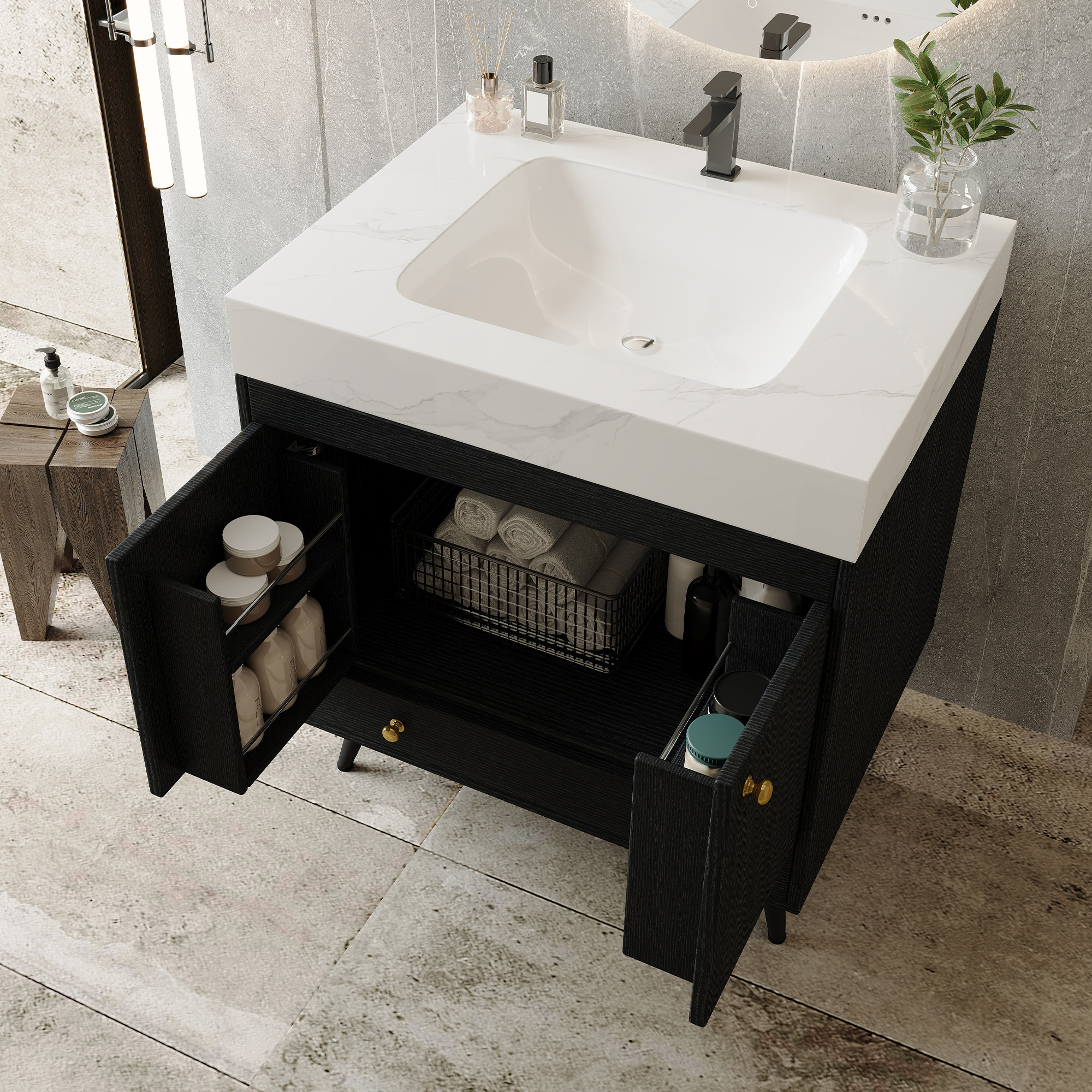 Contemporary 30" Free-Standing Bathroom Vanity with Sintered Stone Top & Gold Accents
