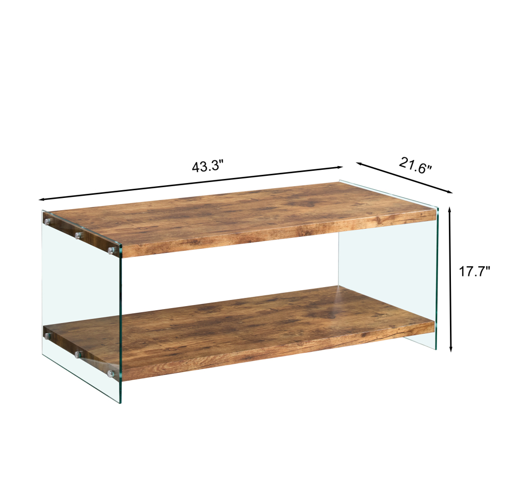 Modern Two-Tier Coffee Table with Tempered Glass Legs and Walnut Wood Top, Stylish Living Room Center Table