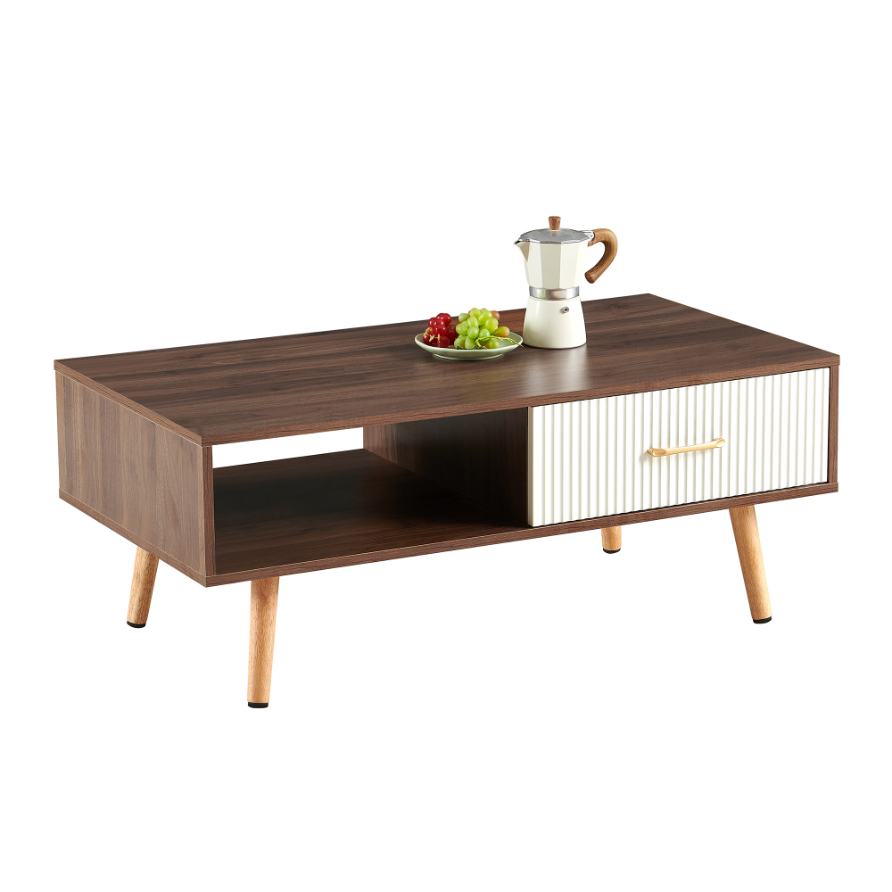 Mid-Century Modern Coffee Table with Sliding Drawer & Open Shelf Storage, Walnut Finish Rectangle Living Room Center Table with Solid Wood Legs