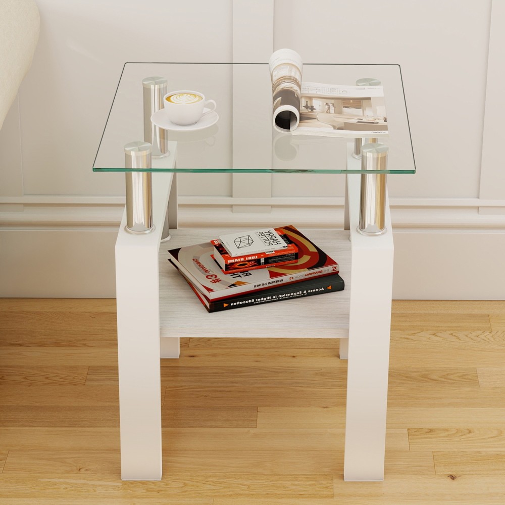 Set of 2 Modern Tempered Glass End Tables - White Square Coffee Table with MDF Shelf for Living Room