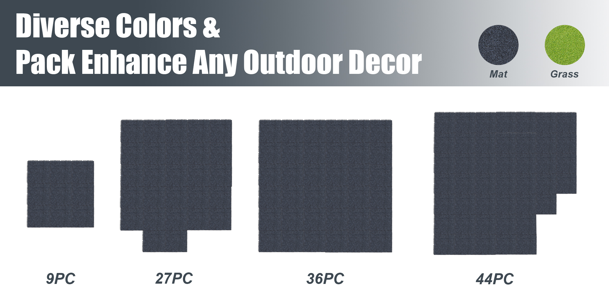Interlocking Plastic Deck Tiles - Grey Modular Outdoor Carpet Flooring with Durable Base for Patio, Balcony & Porch