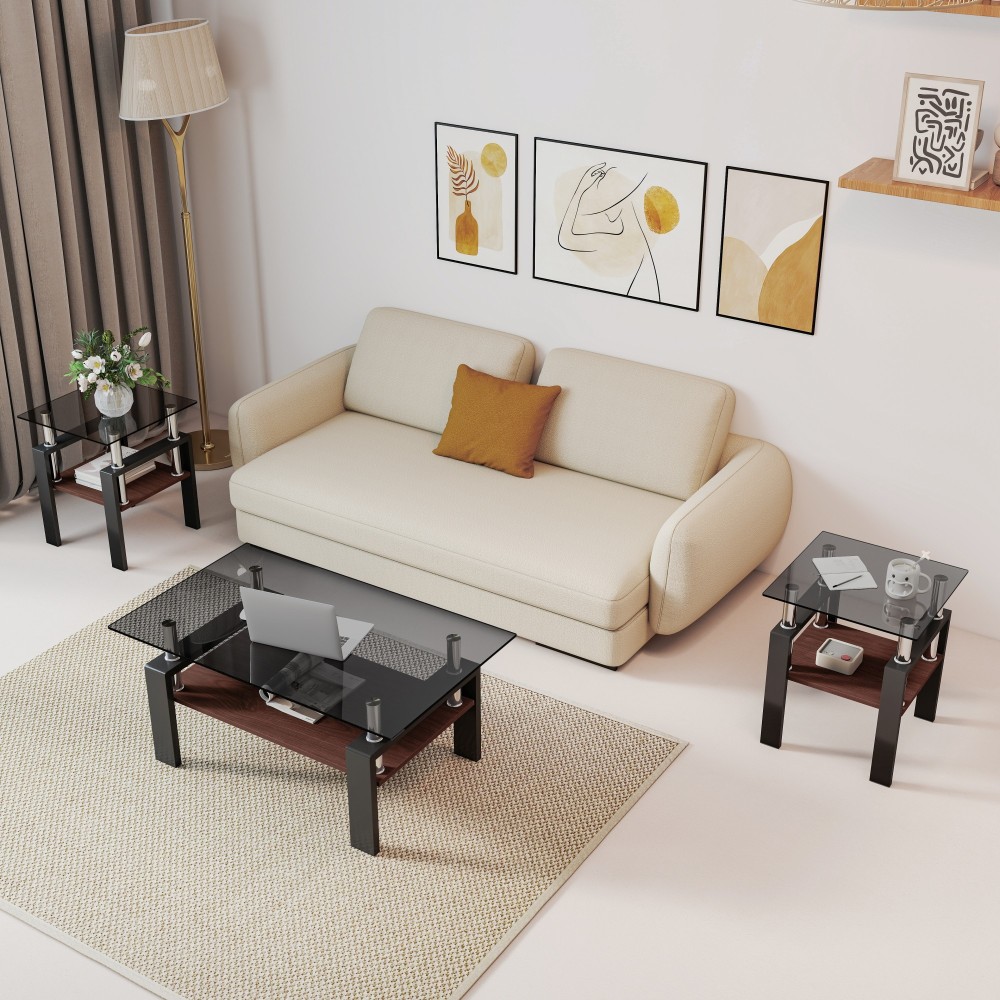 Set of 2 Modern Tempered Glass End Tables with MDF Shelf, Square Coffee Side Tables for Living Room