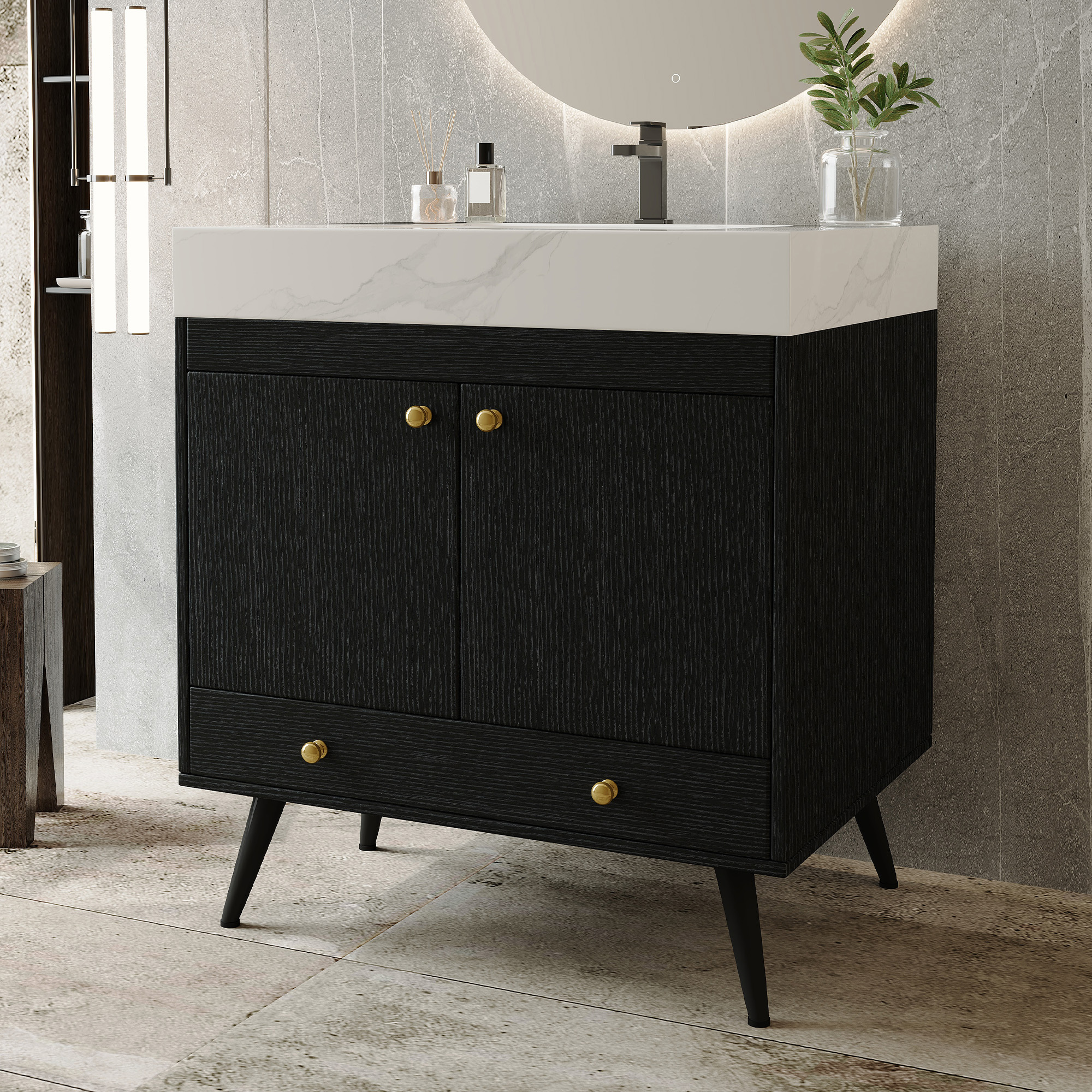 Contemporary 30" Free-Standing Bathroom Vanity with Sintered Stone Top & Gold Accents