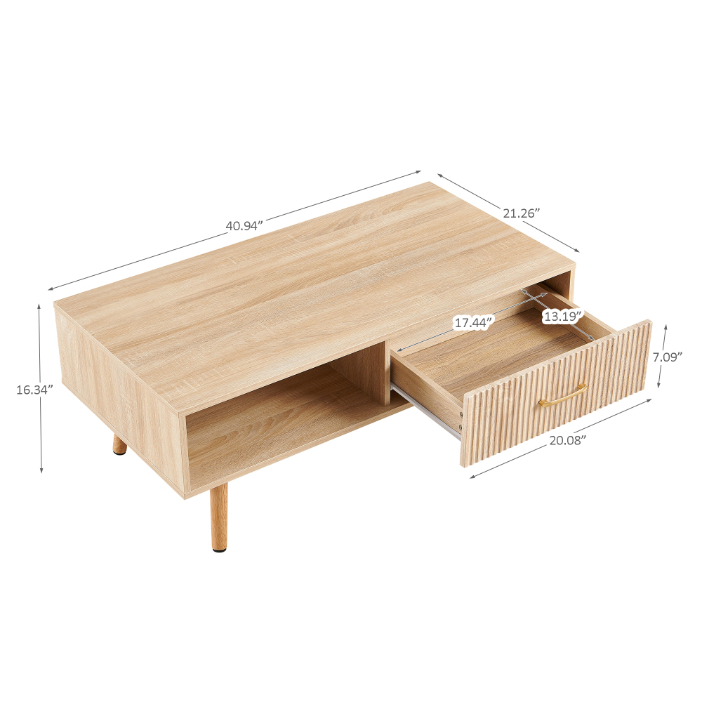Modern Natural Wood Coffee Table with Sliding Storage Drawer & Solid Wood Legs for Living Room