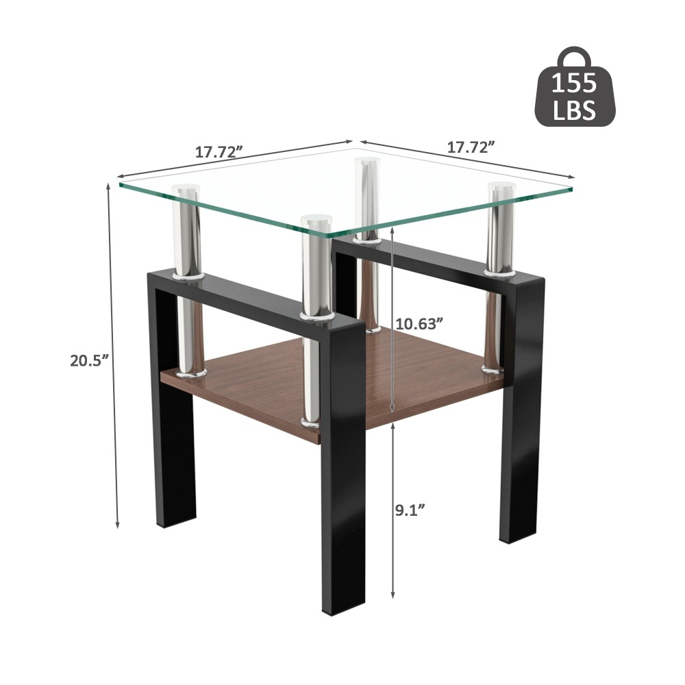 Set of 2 Modern Tempered Glass End Tables with Storage Shelf - Square Coffee Side Tables for Living Room