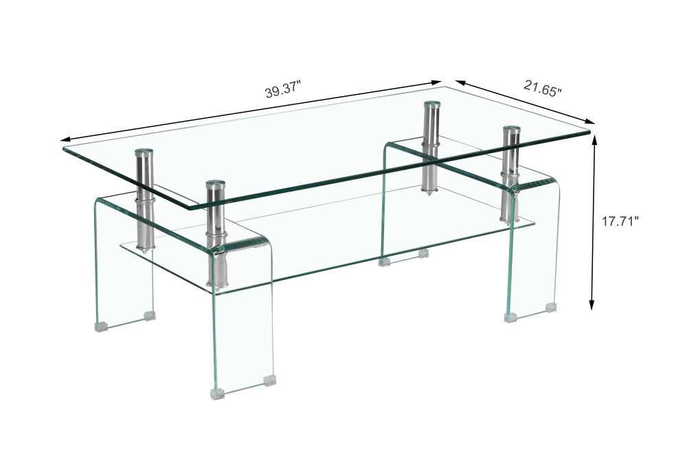Modern Rectangle Clear Glass Coffee Table with 2-Tier Storage & Tempered Glass Top