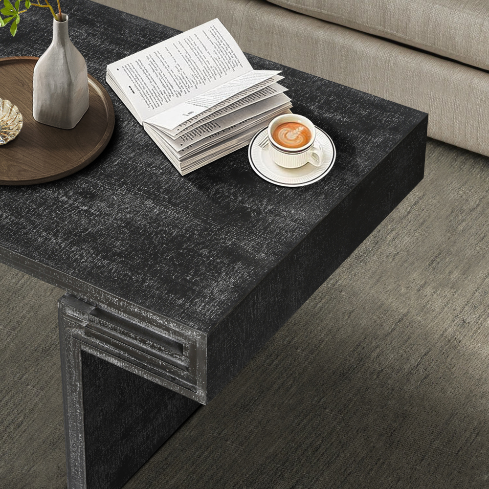 American Vintage Industrial Coffee Table, Premium Reclaimed Wood Texture Rectangular Design, Double-Tier Structure with Rustic Finish, Easy Assembly for Living Room & Office, Antique Black