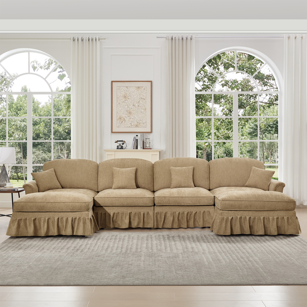 Classic U-Shaped Modular Sectional Sofa with Removable Ruffle Skirt, Deep Seat Chenille Couch with Flared Arms and Spindle Legs, Light Coffee