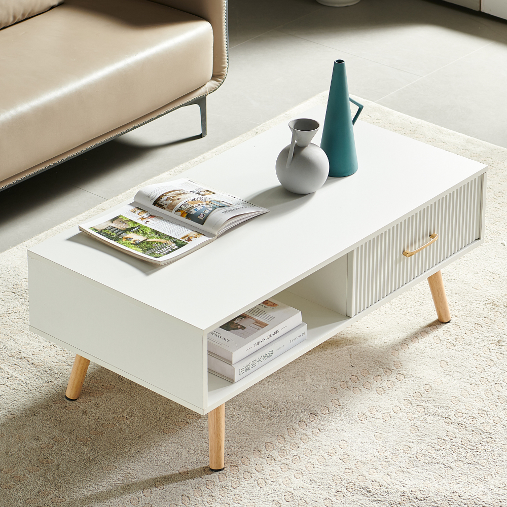 Modern White Rectangle Coffee Table with Solid Wood Legs, Sliding Drawer Storage & Open Shelf for Living Room