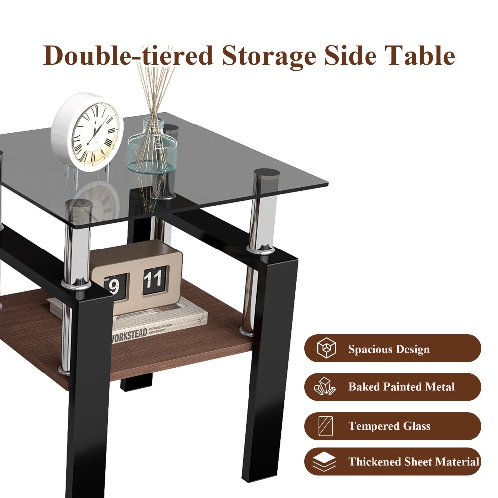 Set of 2 Modern Tempered Glass End Tables with MDF Shelf, Square Coffee Side Tables for Living Room