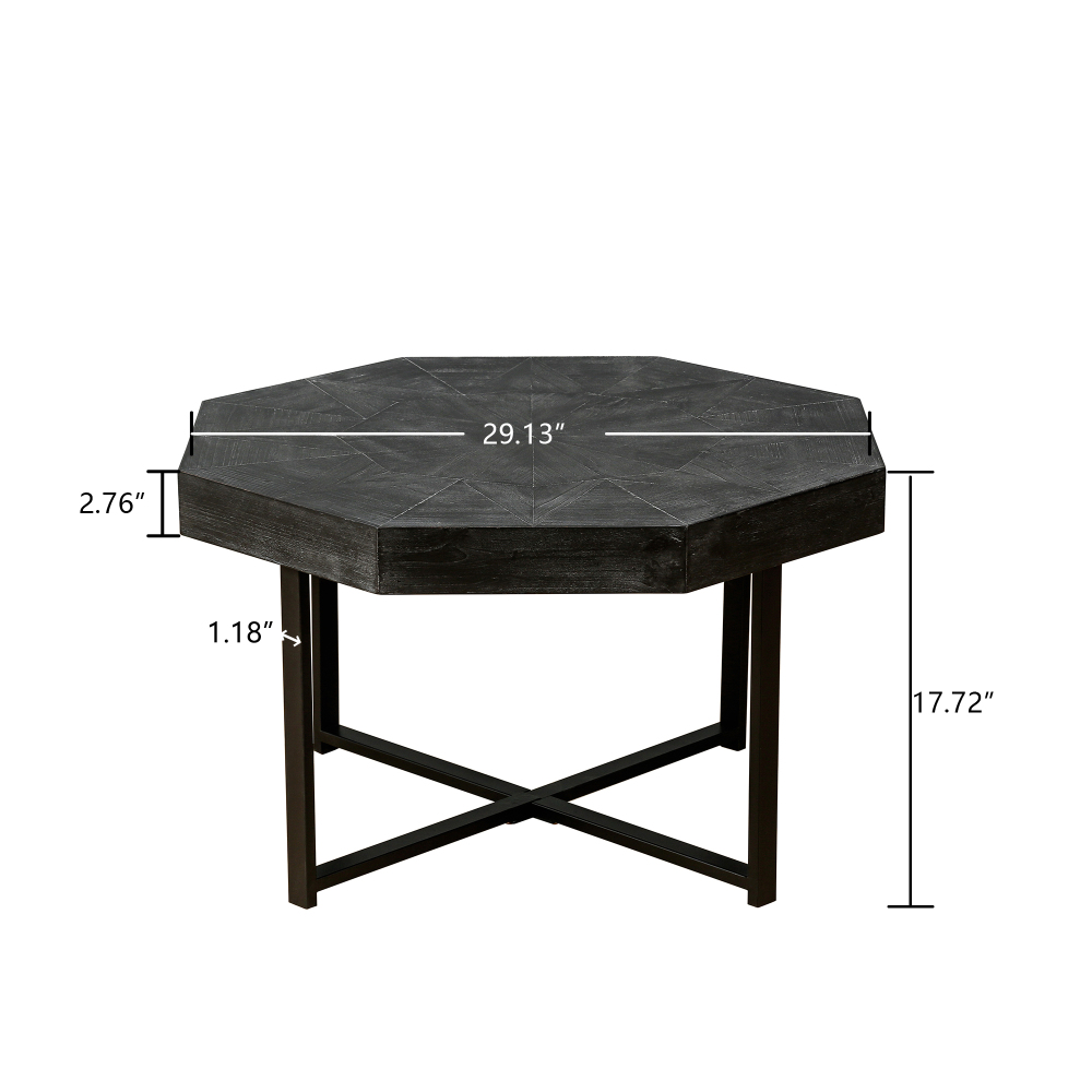 Vintage Octagonal Coffee Table with Patchwork Wood Top & Cross Metal Legs - 30" Antique Black Farmhouse Centerpiece for Living Room