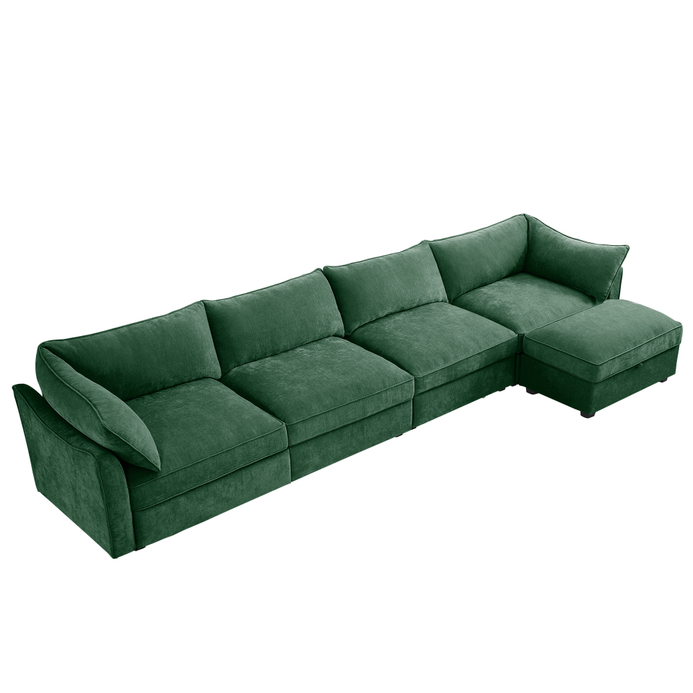 Green Chenille L-Shaped Sectional Sofa, 4-Seat Modular Couch with Movable Ottoman, Crescent Armrests & Wraparound Back Cushions for Living Room