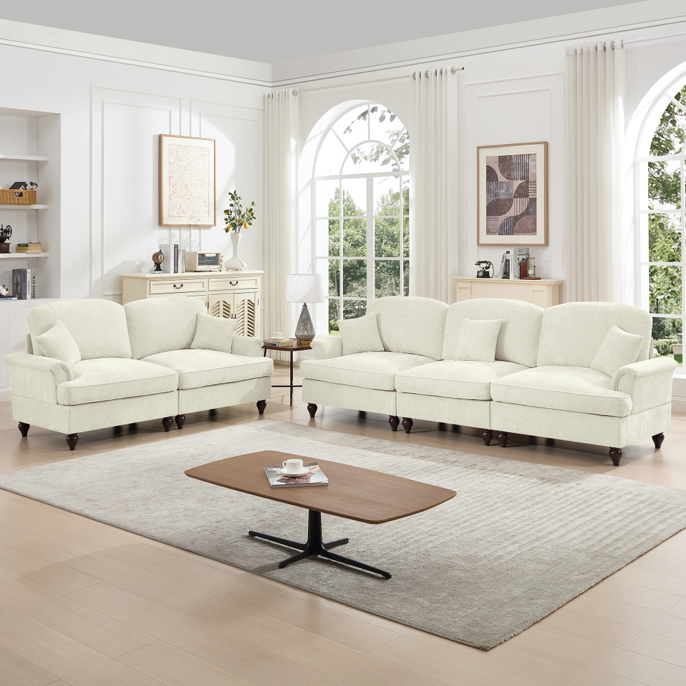 Classic Chenille Modular Sofa Set with Removable Ruffle Skirts, Beige & White 2-Piece Living Room Couch Collection featuring Flared Arms and Spindle Legs