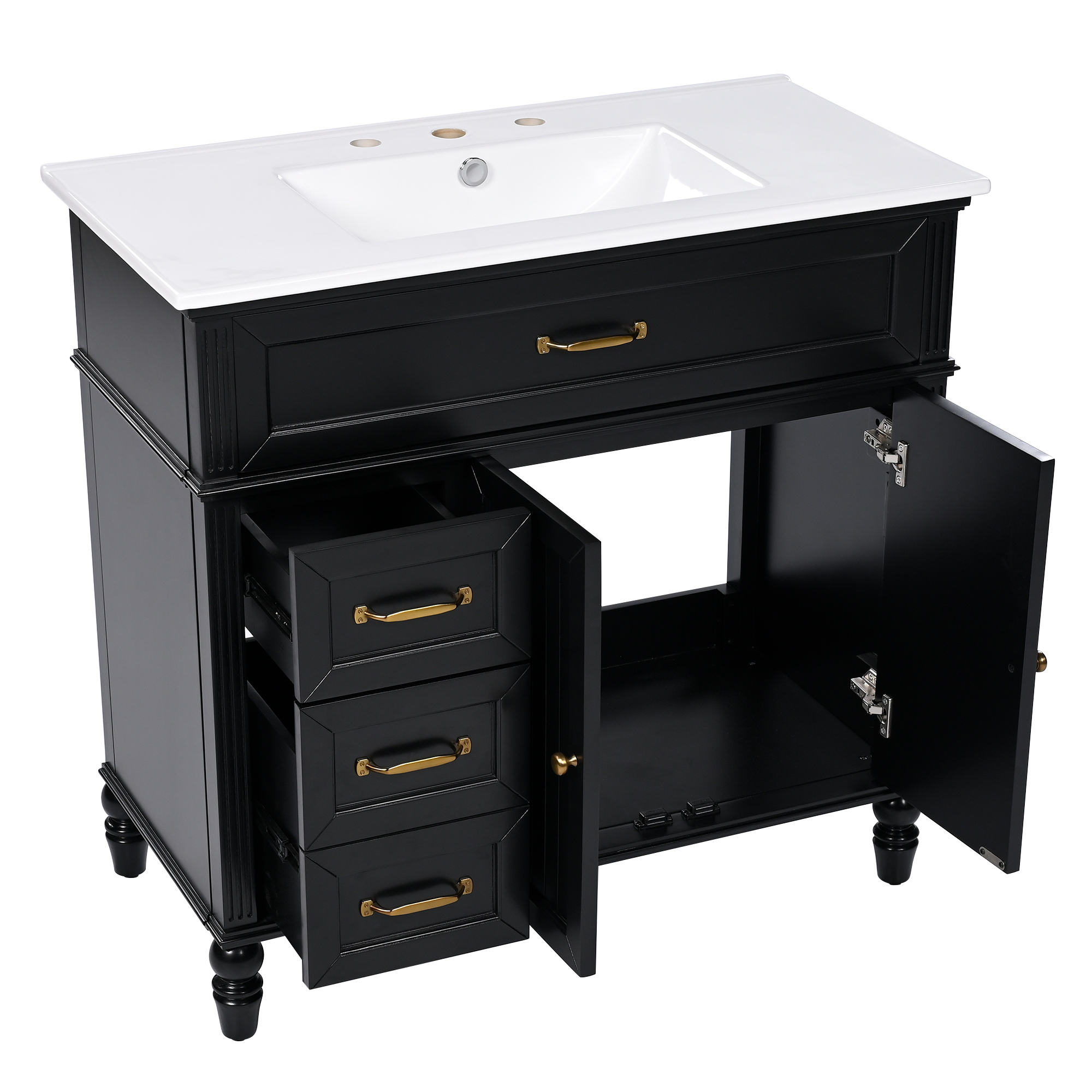 36" Black Bathroom Vanity with Ceramic Sink Top, Vintage Freestanding Cabinet with Soft-Close Drawers & Storage