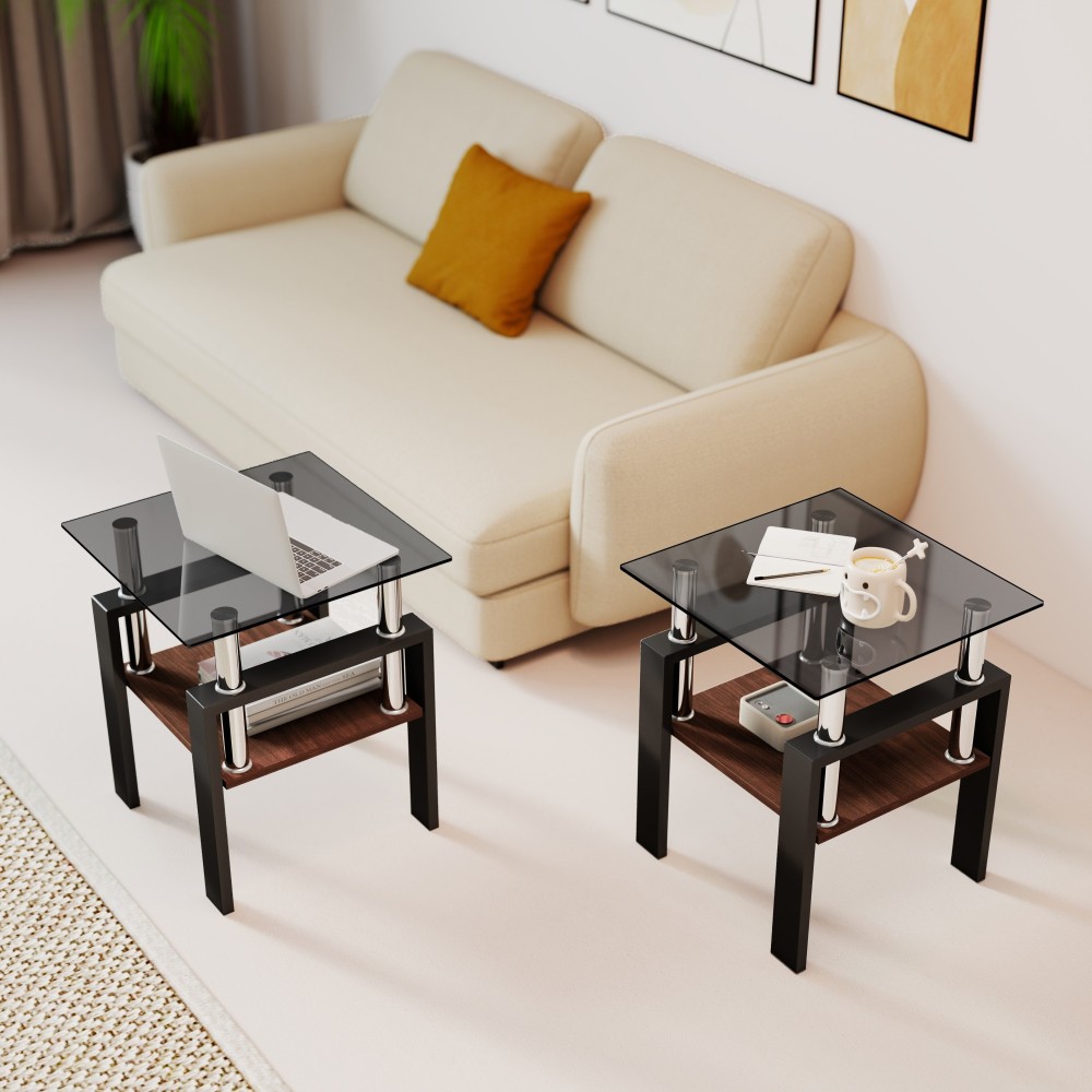 Set of 2 Modern Tempered Glass End Tables with MDF Shelf, Square Coffee Side Tables for Living Room