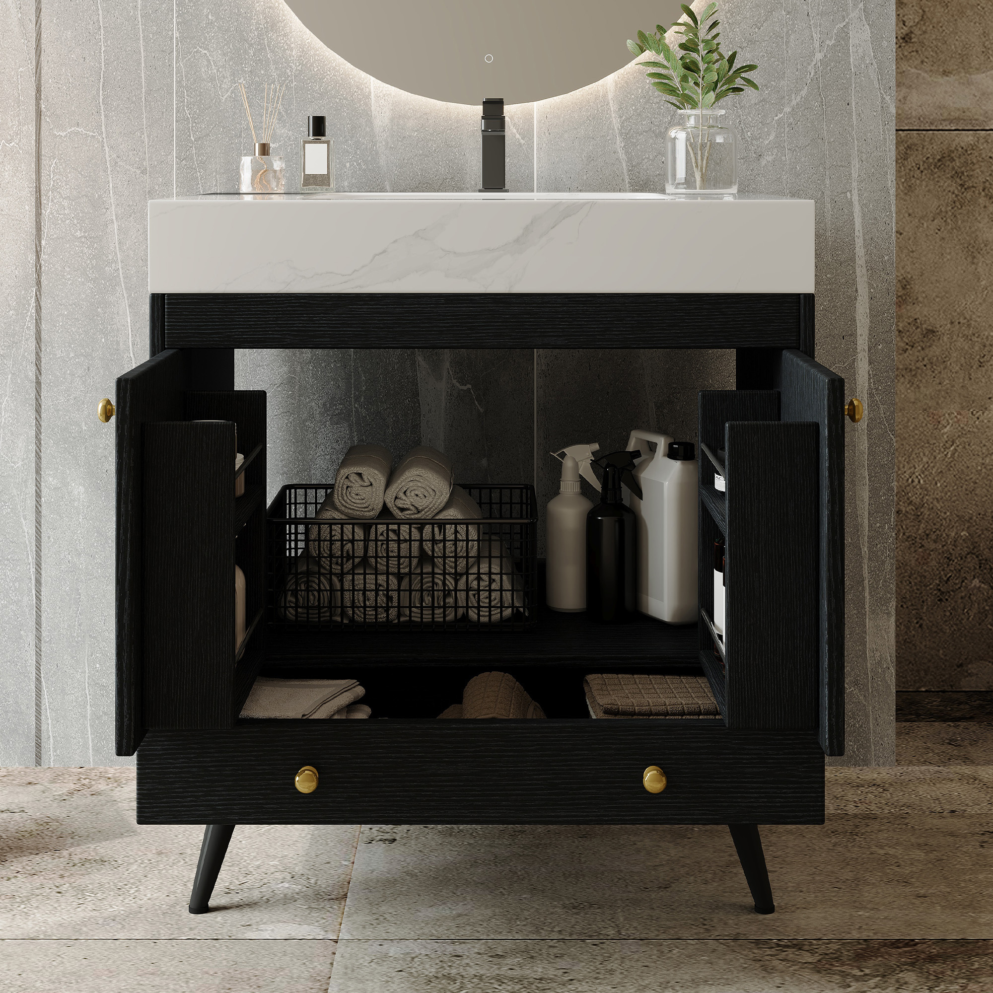 Contemporary 30" Free-Standing Bathroom Vanity with Sintered Stone Top & Gold Accents